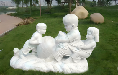 童趣景观草坪摆件汉白玉石雕拔萝卜的小孩雕塑