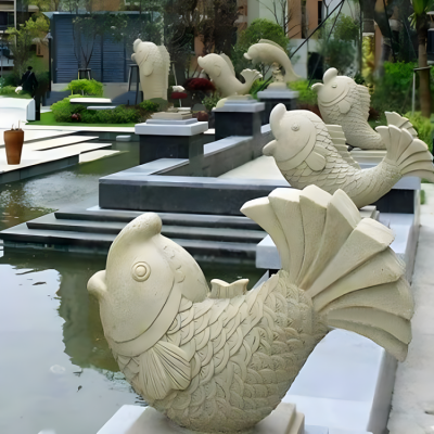 小区别墅大理石石雕水景摆件海洋动物喷水鱼装饰雕塑