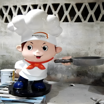 手拿平底锅的玻璃钢卡通厨师雕塑摆件