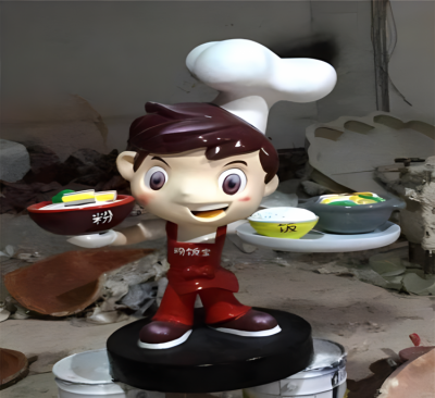 饭店端盘子上菜的卡通厨师小子雕塑
