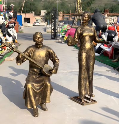玻璃钢仿铜民俗音乐弹唱人物情景雕塑