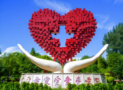 双手托起十字爱心的不锈钢景观雕塑