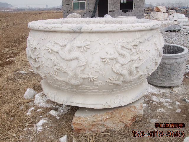 龙纹汉白玉石雕花盆雕塑